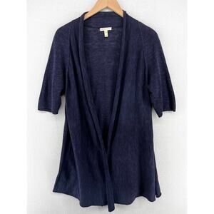 EILEEN FISHER Cardigan M Organic Linen Cotton Slub Open Front Elbow Sleeve Blue